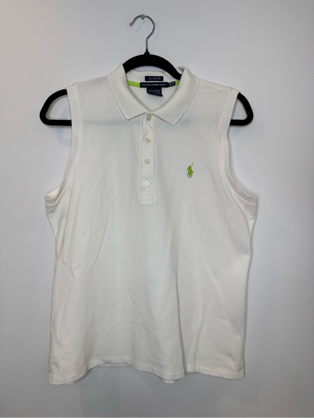 Ralph Lauren slim golf fit Sleeveless Polo Top in White with Lime Logo sz XL